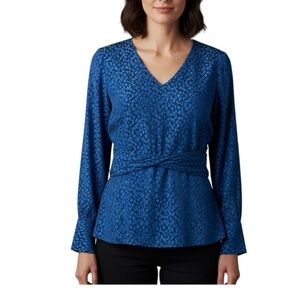 Ann Taylor Navy Blue Animal Print Twist Detail Side Zipper V-Neck Blouse Small